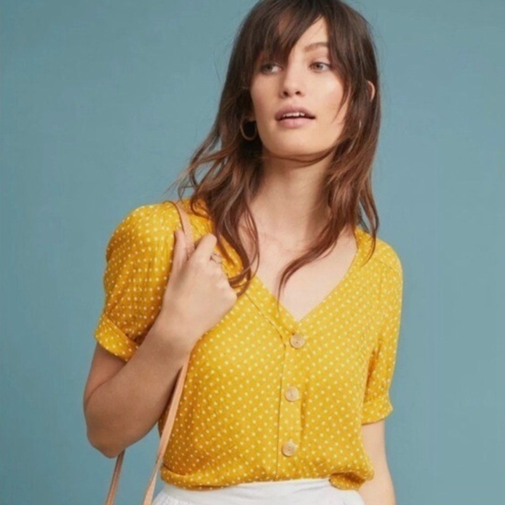 Anthropologie Yellow Buttoned Short Sleeve Blouse